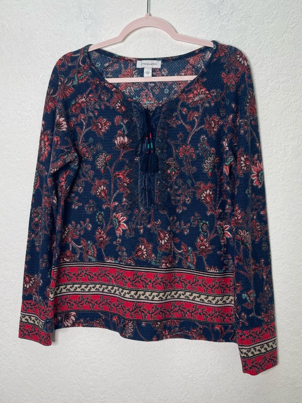 Vintage America Lara Womens L Blue Floral Boho Peasant Top Lace Up Tassel